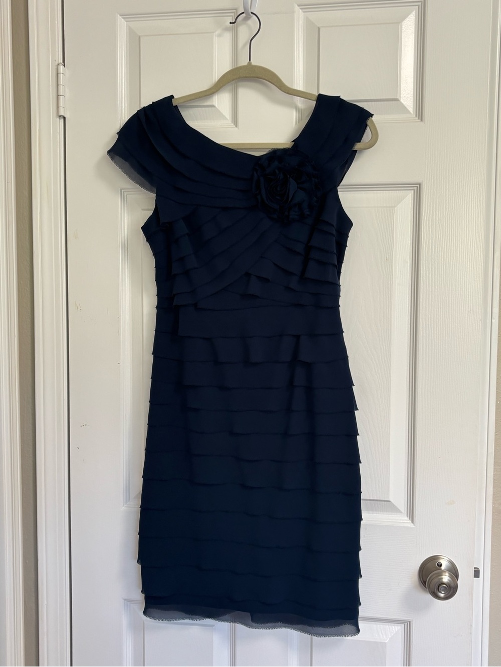 London Times Navy Layered Midi Dress with Rosette